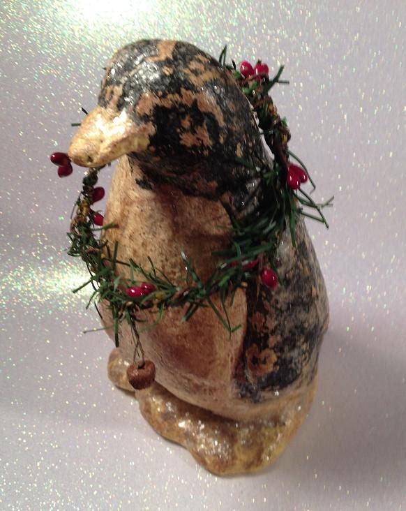 Primitive Grungy Penguin Sculpture with Wreath Christmas Decor