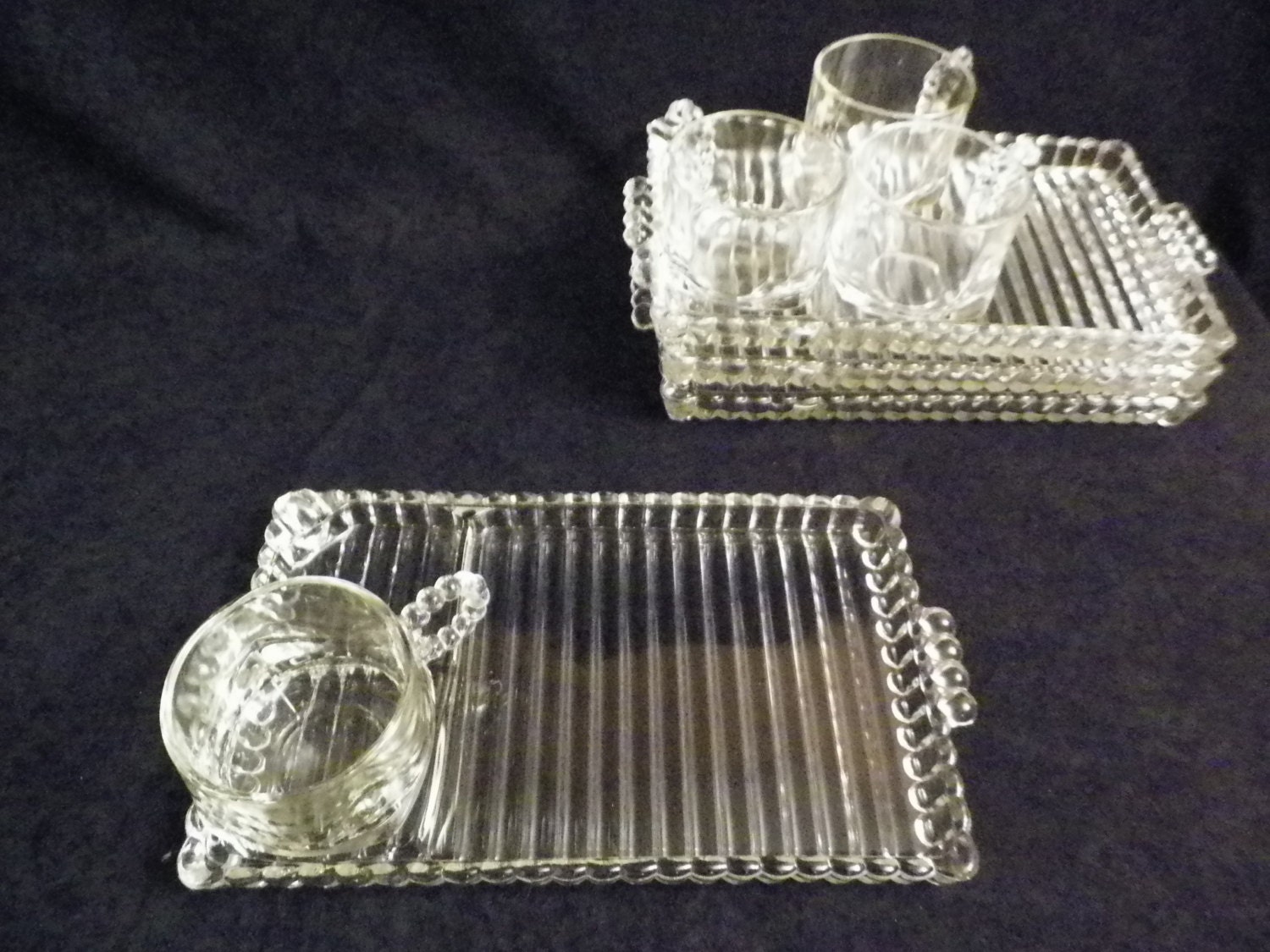 Clear Glass, Snack Set / Luncheon Set / Hospitality Set, Vintage, Ribbed with Square Bottom Cups