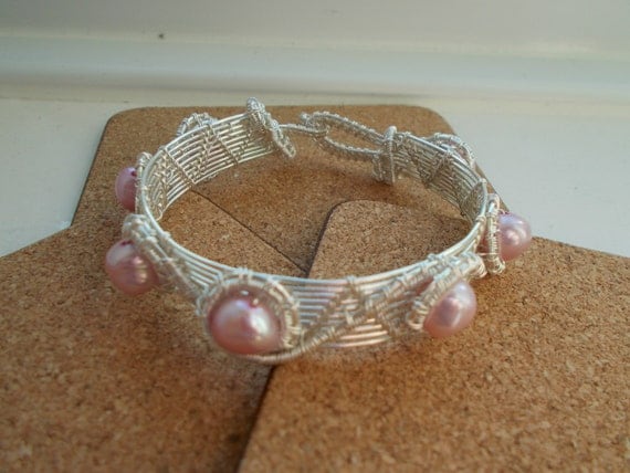 Pearl wire work bracelet - Wire wrapped handmade jewellery - Genuine gemstone jewellery