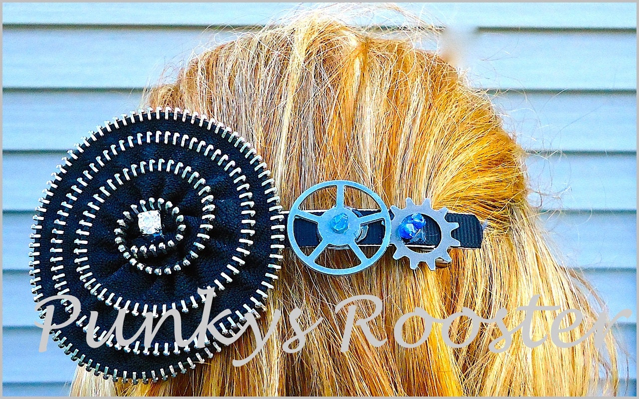Steampunk Barrette Zipper Flower, What is this thing? Crazy Black Extra Large Hair Clip, Rock and Roll Bride, Alternative Wedding, Cosplay