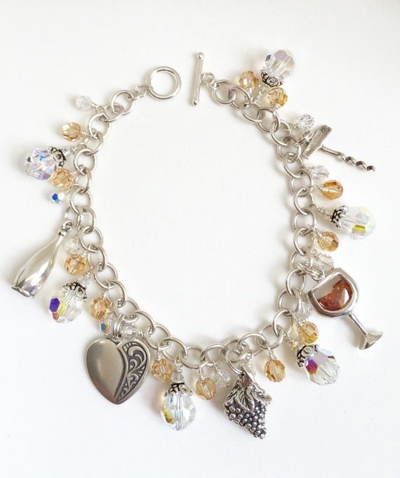 Wine Charm Bracelet Sterling Silver and Swarovski Crystal