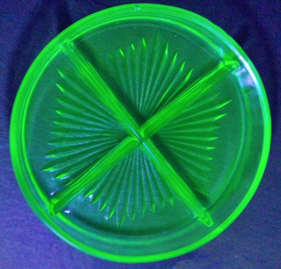 Vaseline Glass Divided Candy Nut Dish Uranium Glass