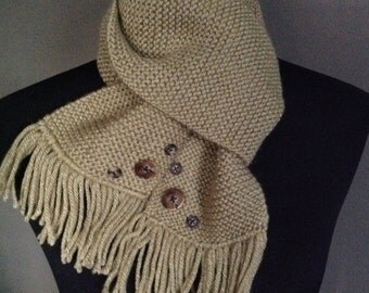 Handmade medium thyme green scarf with button accents
