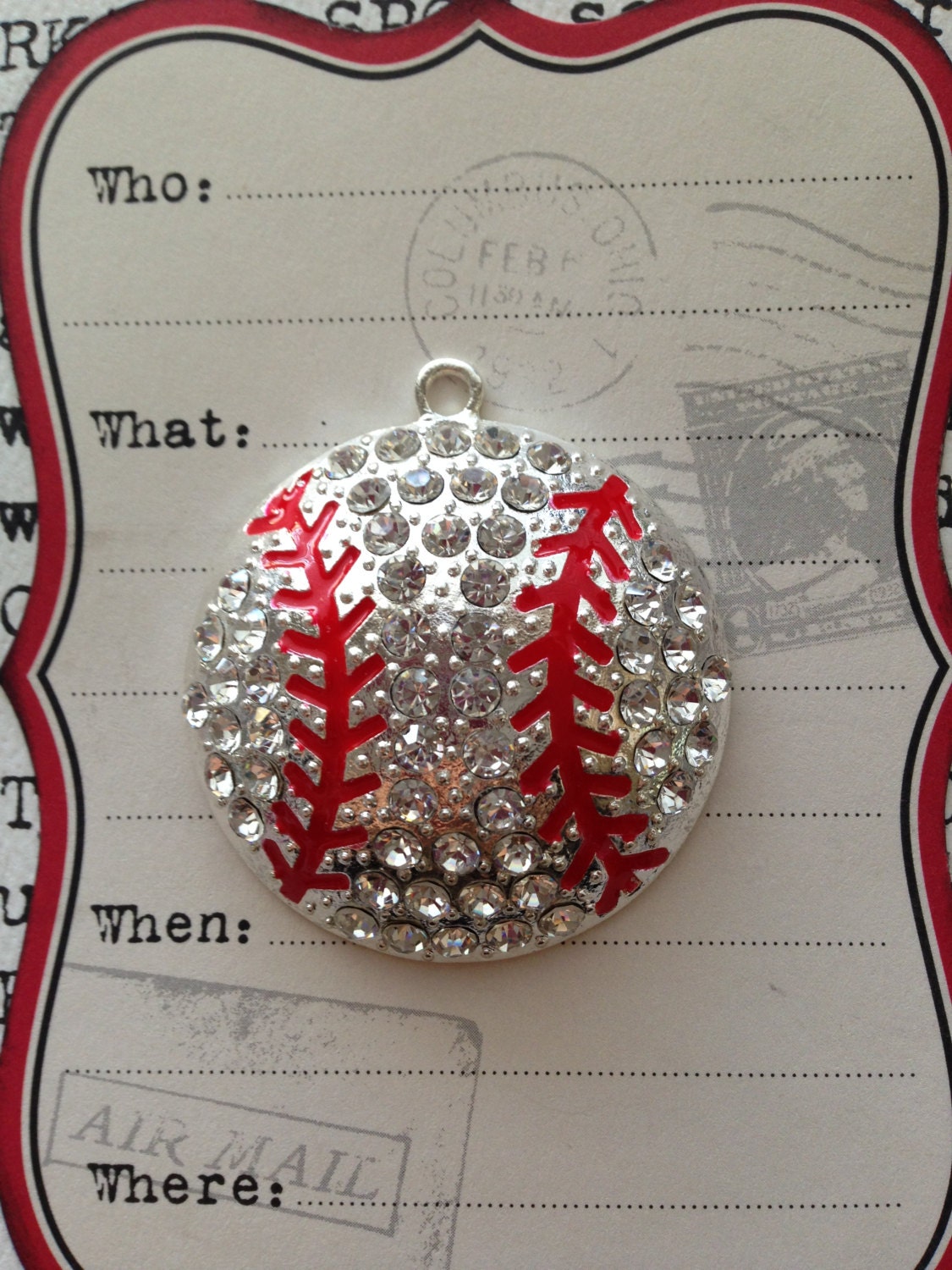 45mm Red and Silver BaseBall Sports Rhinestone Pendants and