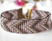 Geometric beaded bracelet ,chevron bracelet, purple grape and gold glass bead bracelet, handmade herringbone bracelet, bead loom bracelet,