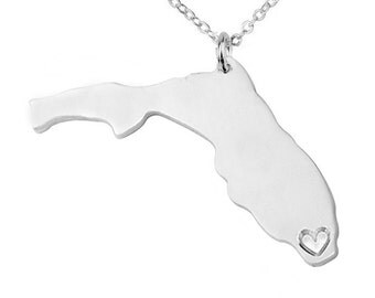 Whtie Gold Florida Necklace,FL State Charm Jewelry ,Florida State Shaped Necklace,Florida State Necklace With A Heart