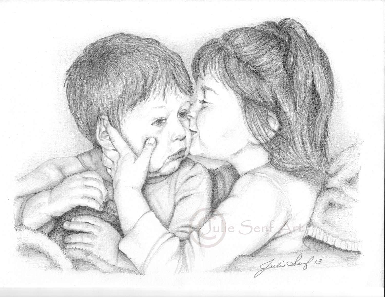 Sisters Love Pencil Drawing Print by JulieSenfArt on Etsy