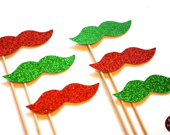 Ugly Christmas Sweater Party Props - Set of 6 - Red and Green Glitter Mustaches - Christmas Props - Photo Booth Props