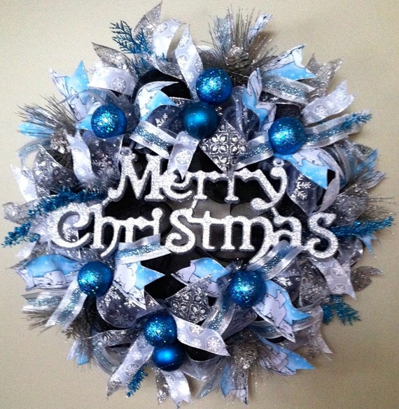 Silver and Blue Christmas Wreath Wall Decor Wreath by WreathyWoman