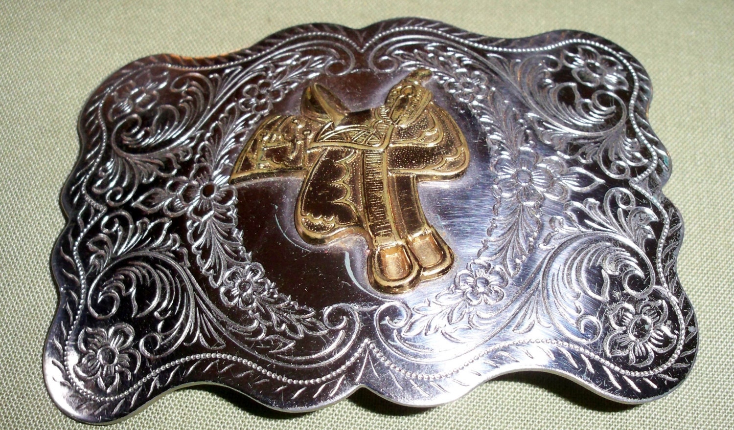 Vintage Western Nickel Silver Belt Buckle with Gold Tone