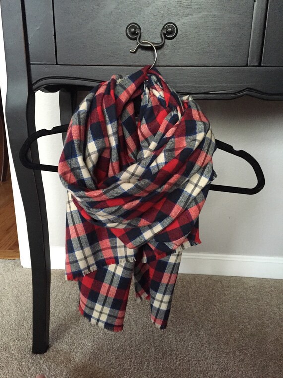 Large Blanket Scarf Soft Cotton Flannel Plaid Tartan Navy