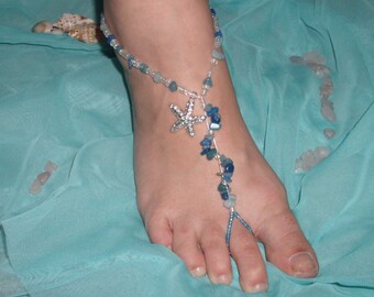 Starfish barefoot sandal  blue  sea glass  foot jewelry ...