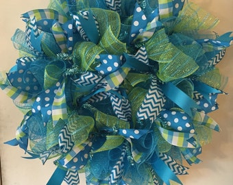 Turquoise and Lime Green 24" deco mesh wreath