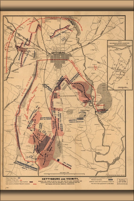 24x36 Poster Map Of Battle Of Gettysburg Lines Of Battle 1863
