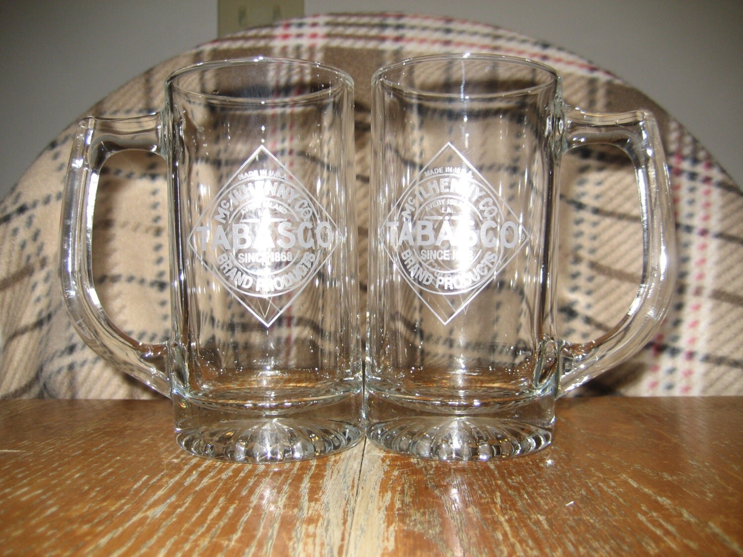 SALE !!! Vintage Pair Tabasco Beer Mugs Very Heavy Duty Etched Glass Made In U.S.A. Haute