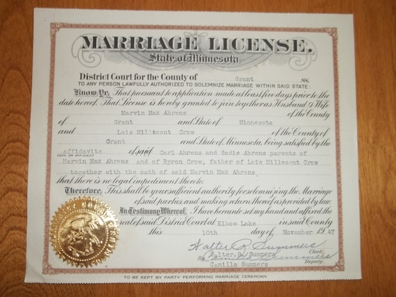 Items similar to Vintage Minnesota Marriage License November 10th 1947 ...