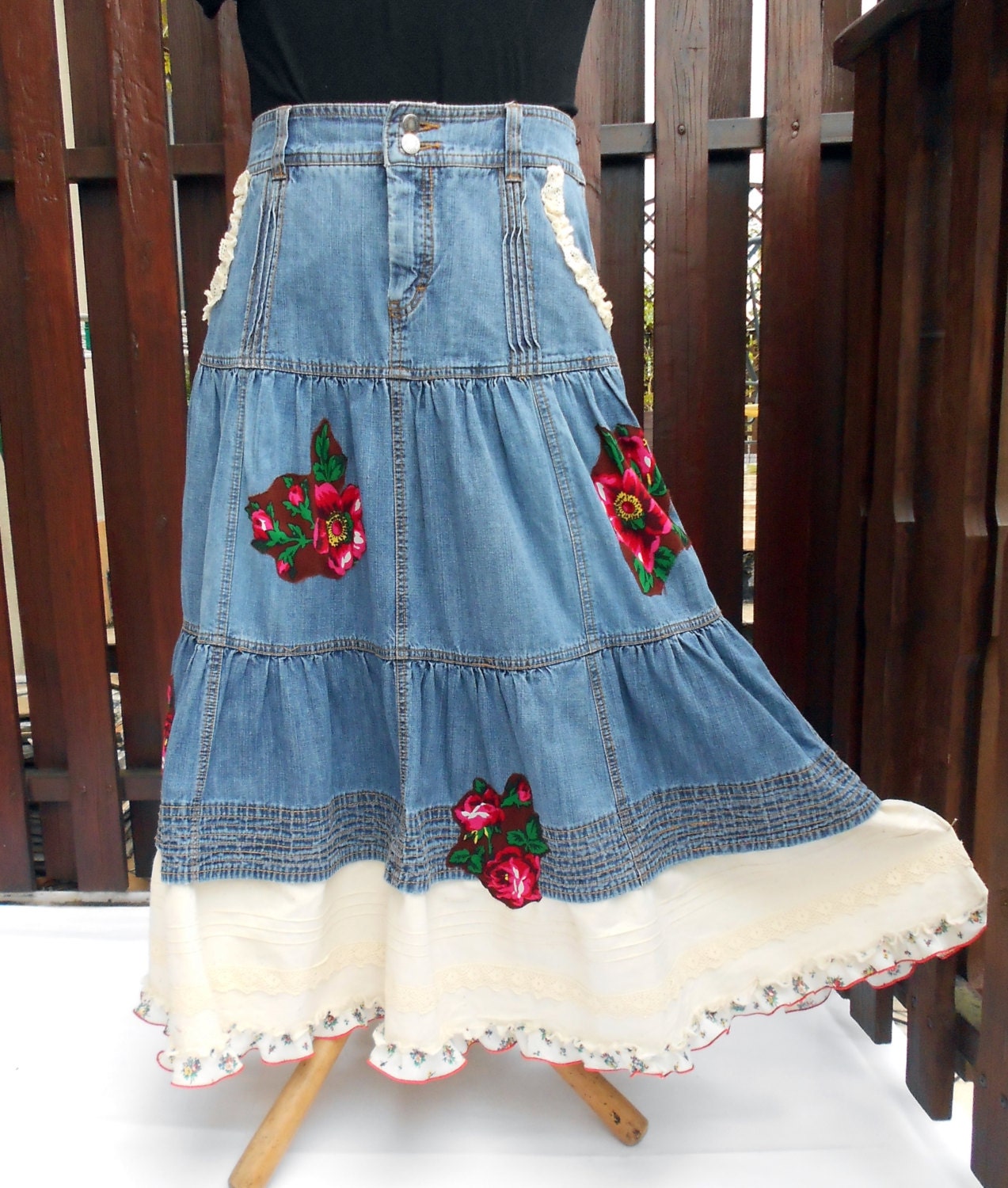 Denim boho hippie Gypsy jean skirt recycled by SwiezaKoszula