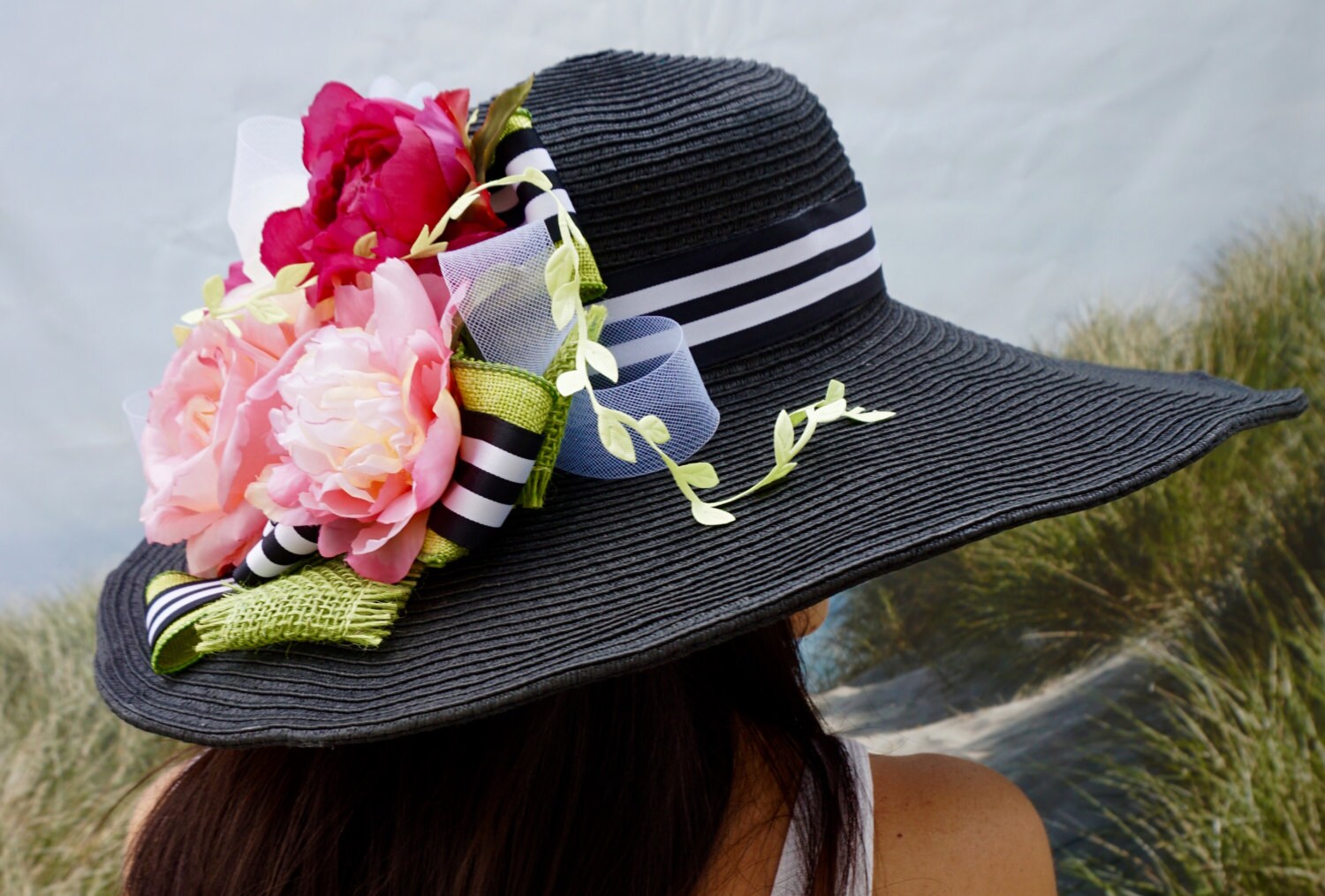 Ladies tea party hat black straw hat cocktail party hat