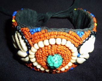 Beadwork Bracelet with Cowry Shells, from Tibet, Vintage