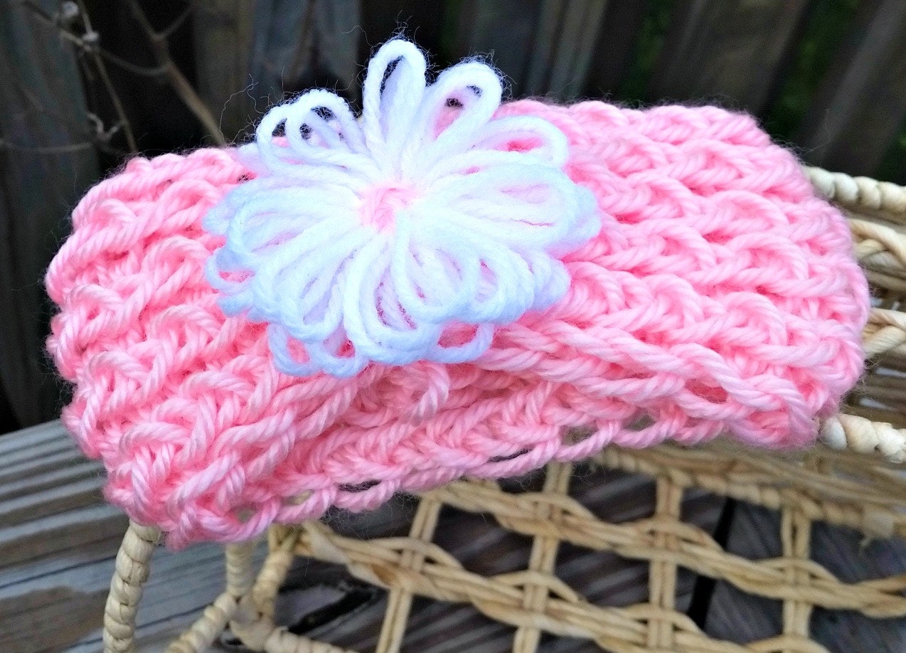 Newborn Loom Knit Flower Headband in Pink by SweetieBloomBoutique