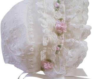 Ivory Lace and Pink Roses Baby Bonnet