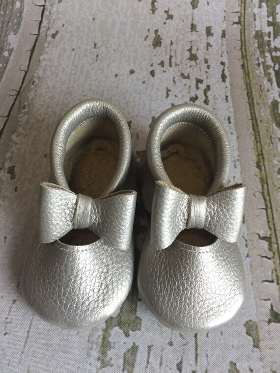 Silver Leather Baby Moccasins Mary Janes by WanderingSolesMoccs