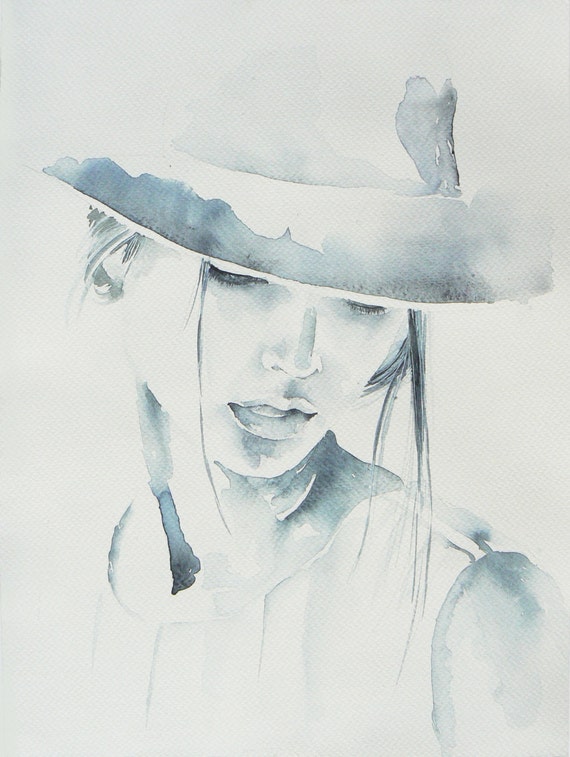 Woman in hat watercolor painting original by JuniperPrintableArt
