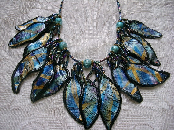 Unique Handmade Polymer Clay Statement Necklace~Crackled Black Feather-Like Shapes