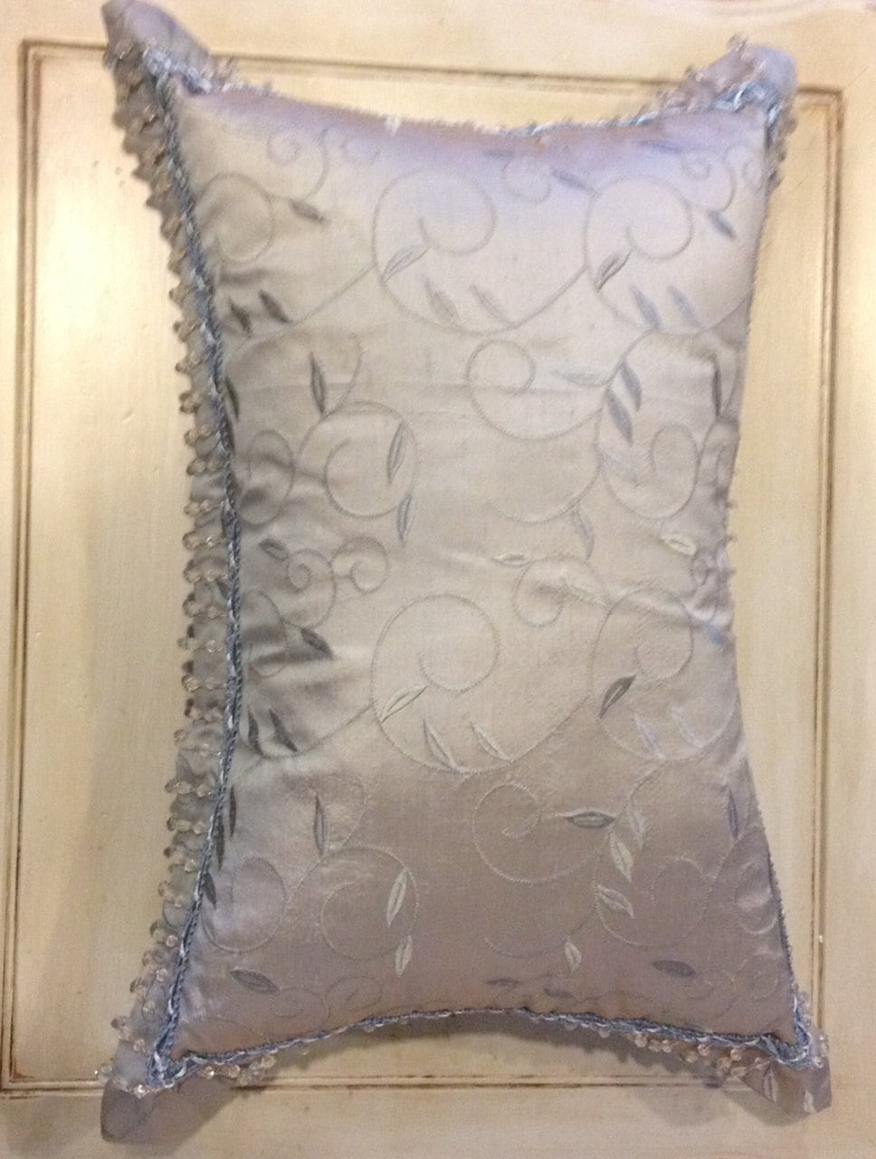 Decorative Pillow Slate Blue Silk with Flange and Beaded