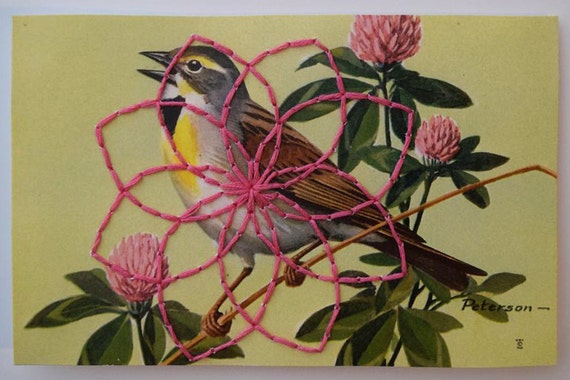 Postcard with Geometric Embroidery - Yellow and Gray Bird on Pink Clover with Pink Stitching