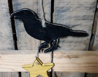 Primitive Wooden Crow and Primitive Wooden Star ornament hanger
