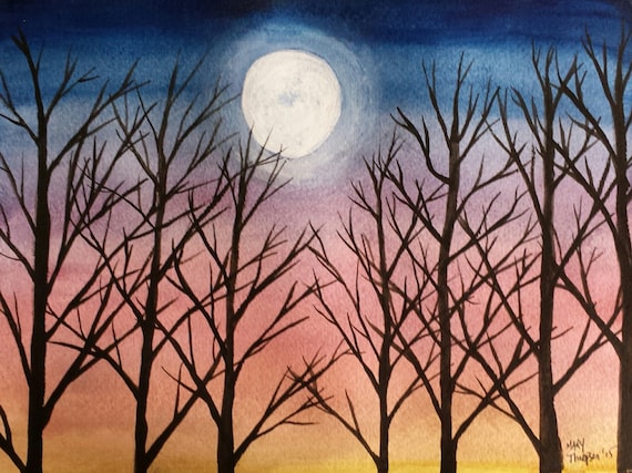 Trees at Dusk original 9x12 watercolor painting by MaryThompsonArt