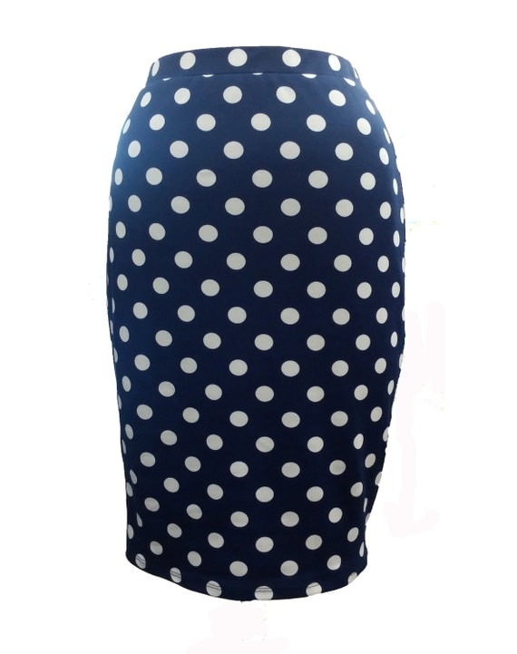 Navy-White Polka Dot Knit Mid Skirt by 1Timao2Apparel on Etsy