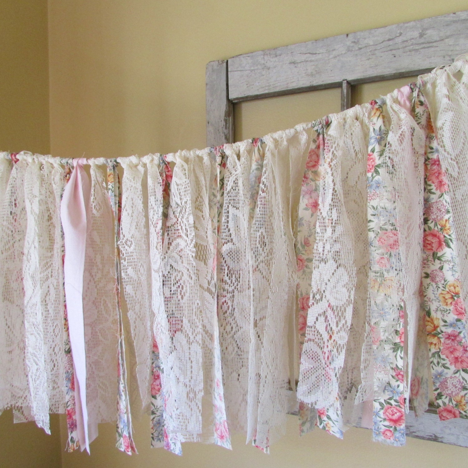 Rag Curtain Tattered Boho Rustic Valance Wedding by blueseymoon