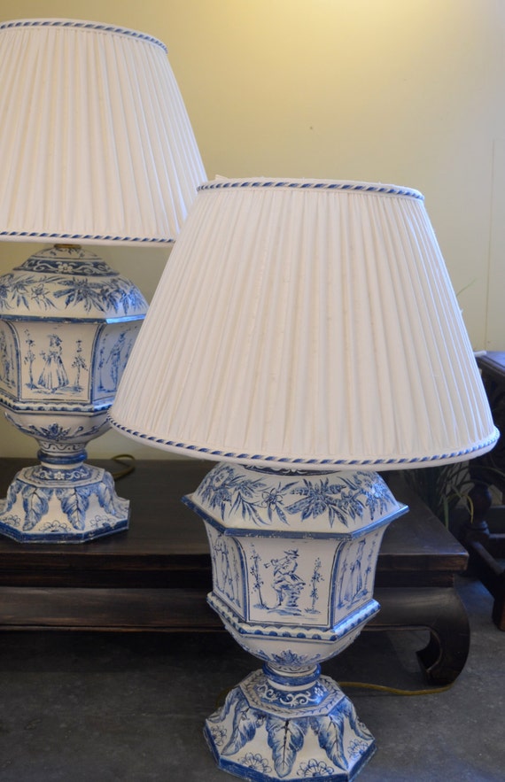 Items similar to Hand painted blue toile tin lamps. Quimper style
