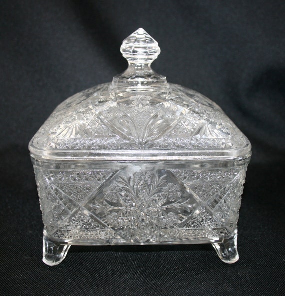 Pressed Glass Square Footed Candy Dish With Lid   Il 570xN.757414944 B42z 