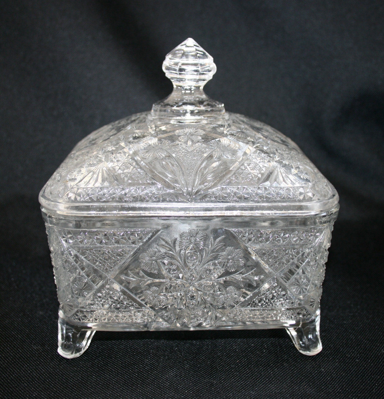 Pressed Glass Square Footed Candy Dish With Lid