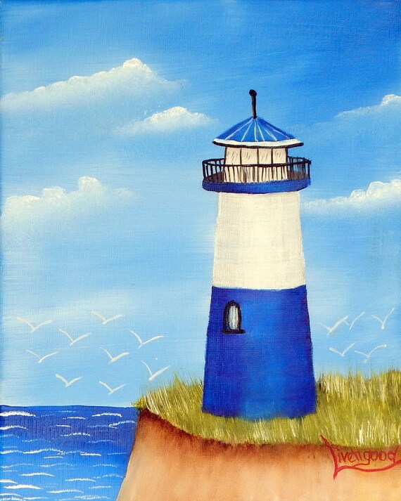 White Blue Lighthouse Painting Original Oil Painting