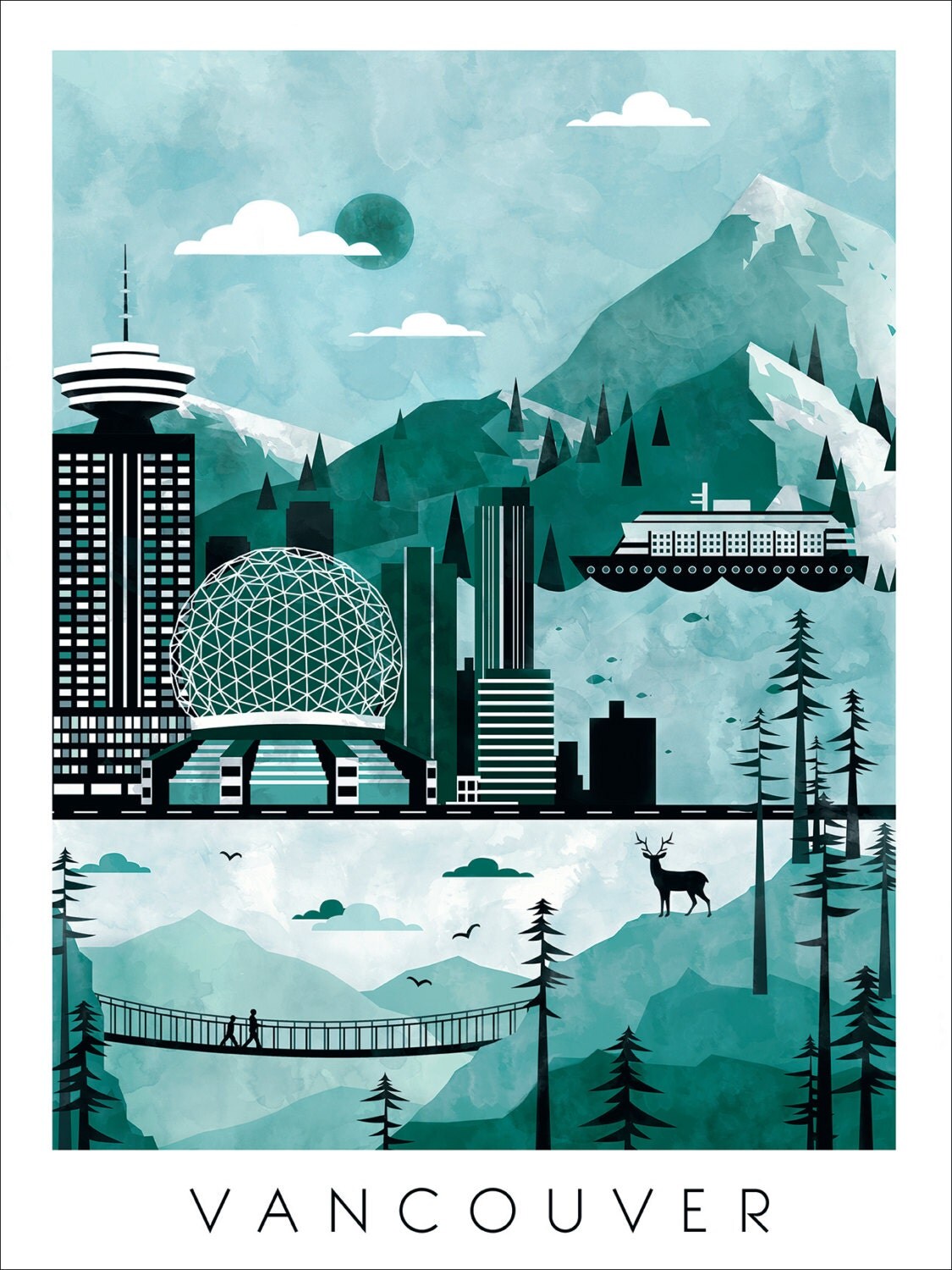 Vancouver Travel Poster Print by ClaireIllustration on Etsy