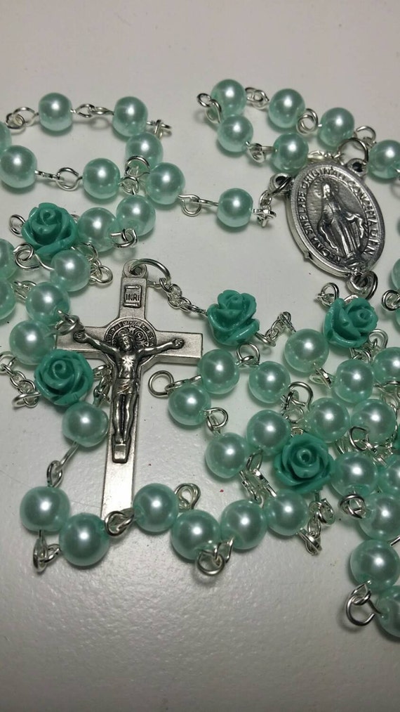 Traditional Rosary Turquoise beads and turquoise colored rose