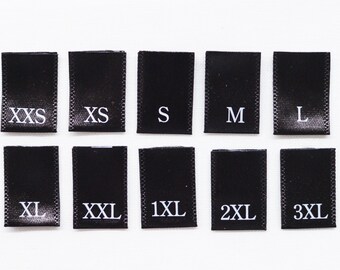 Printed Satin Size Tabs - Black Clothing Labels with White Letters - Center Fold - 0.5" (W) x 0.75" (H) Folded Size