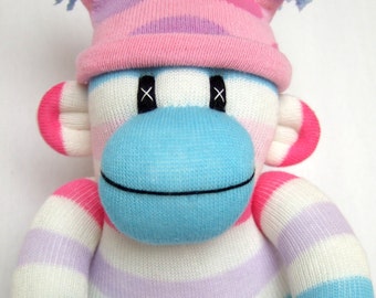 pink striped sock monkey
