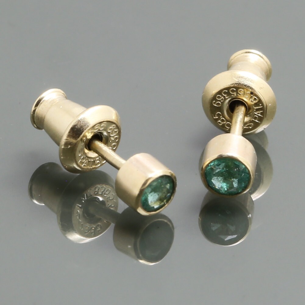 Genuine Emerald Stud Earrings. Solid 14 Karat Gold. Genuine