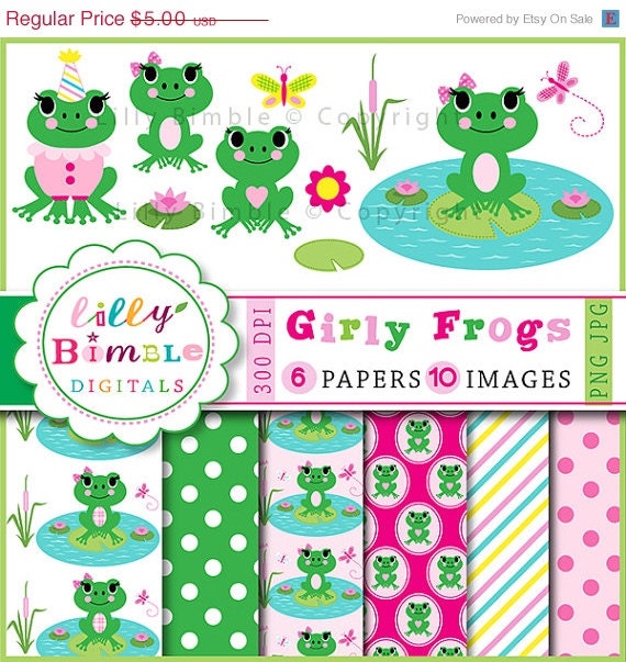 50% off Girl frogs clipart and digital papers frog birthday party scrapbook paper INSTANT DOWNLOAD Il_570xn