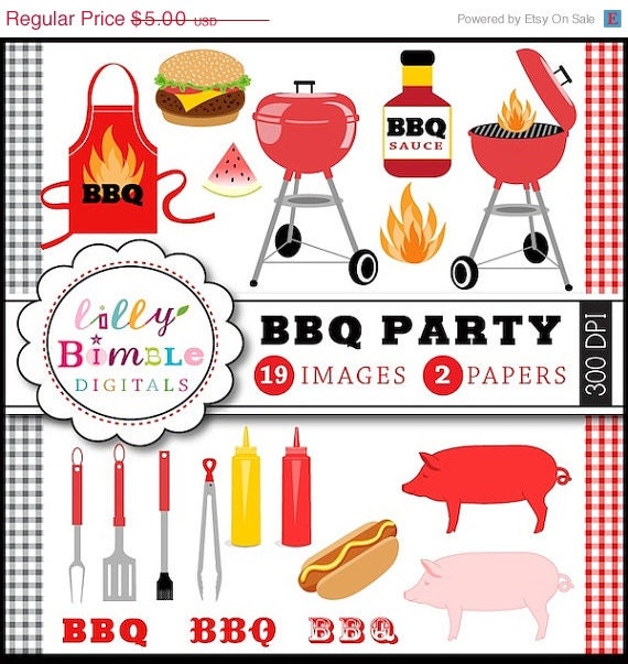 50% off Barbecue Party clipart gingham hot dog, hamburger, BBQ supplies apron Picnic Download Il_570xn