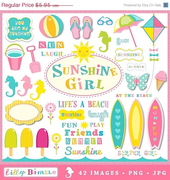 50% off Beach surf clipart set 42 items Commercial and Personal Use Surfing Sunshine Girl INSTANT DOWNLOAD Il_570xn