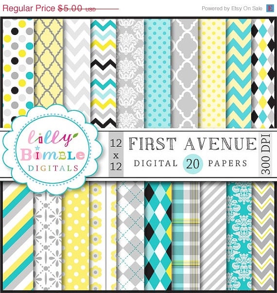50% off DIGITAL PAPERS IN turquoise gray yellow and black scrapbook paper chevron, damask, quatrefoil, polka dots Il_570xn