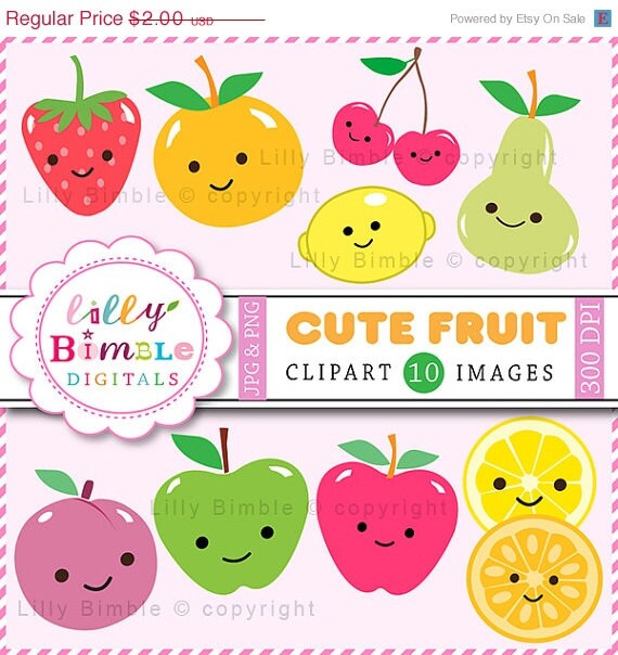 50% off Cute Fruit clipart kawaii apples, lemon, plum, strawberry, cherry, pear in PNG and jPG INSTANT Download Il_570xn