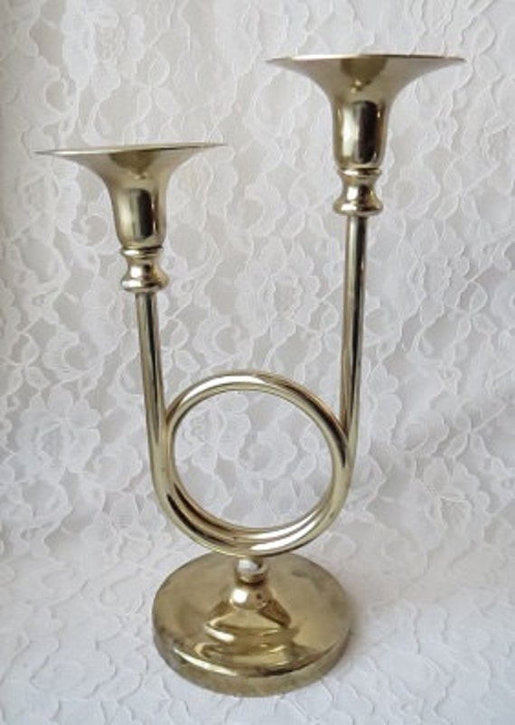 Vintage Brass 2 Arm Candelabra Trumpet Horn Candle Holder