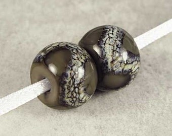 Gray Handmade Lampwork Glass Bead Pair, Lampwork Beads, Glass Lampwork, Handmade Lampwork, 2 Glossy 14x11mm Dark Gray